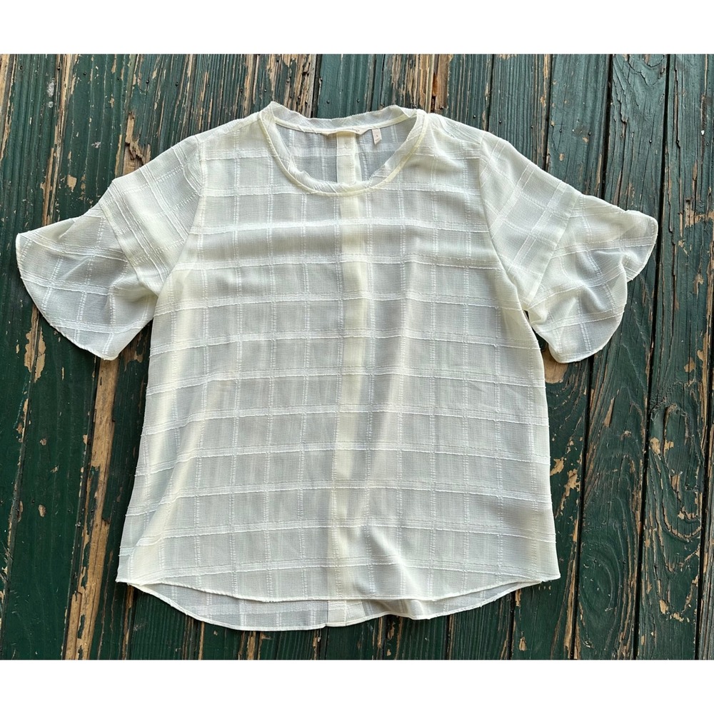 Soft Surroundings Ivory Grid Check Button Back Ruffle Sleeve Blouse Womens Large